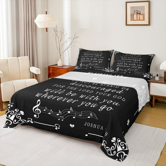 Feelyou Inspirational Words Bed Sheets, Black White Melody Music King Sheets, Damask Flower Sheet Set, Lightweight Room Decor, 4 Pieces