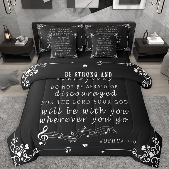 Feelyou Inspirational Words Bedding Comforter Set 7pcs, Black White Melody Music King Bedding Sets, Damask Flower Reversible Bed Sheets, Lightweight Room Decor