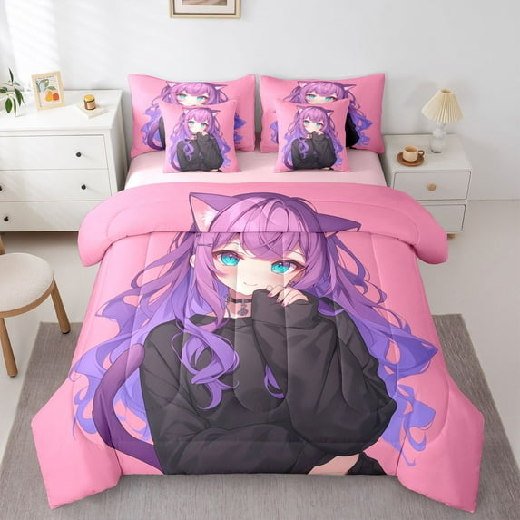 Feelyou Japanese Anime Girl Bedding Comforter Set 7pcs, Kawaii Princess Full Bedding Set