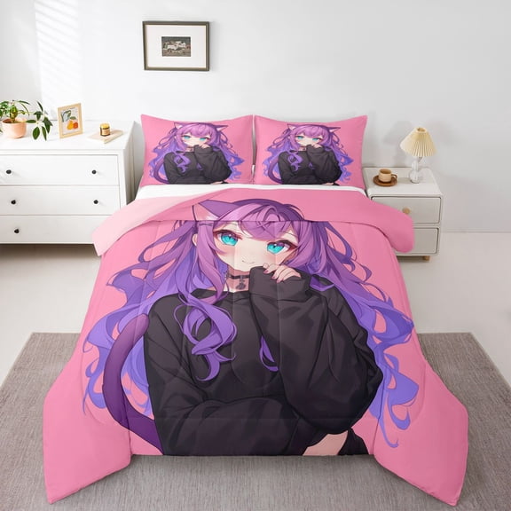 Feelyou Japanese Anime Girl Queen Comforter Set, Princess Bedding Comforter Set, 3pcs