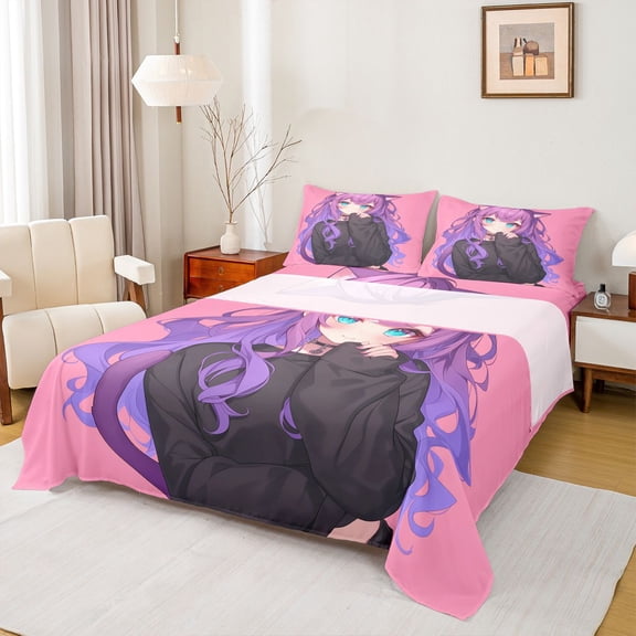 Feelyou Japanese Anime Girl Queen Sheet Sets, Kawaii Princess Teens Bed Set, 4pcs