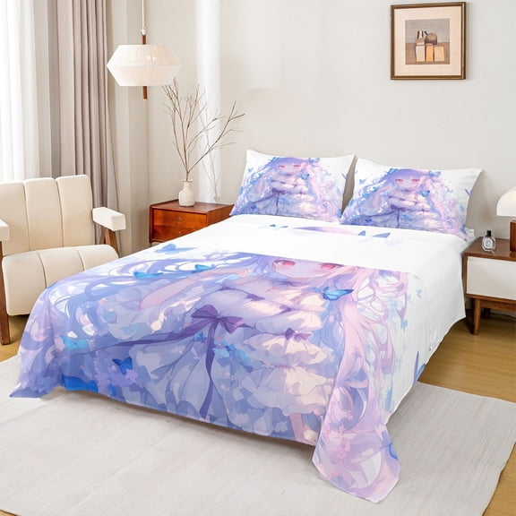 Feelyou Japanese Anime Girl Twin Sheet Sets, Buttefly Blue Purple Bedding, 3-Piece