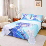Feelyou Japanese Anime Girl Twin Sheet Sets, Cherry Blossoms Floral Bedding, 3-Piece