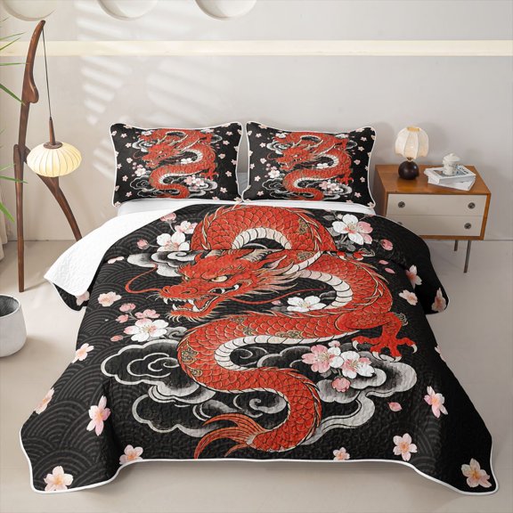 Feelyou Japanese Dragon Bed Spread Queen for Men Boys, Blossoms Flower Animal Queen Coverlet Set, Black Red, 3 Pieces
