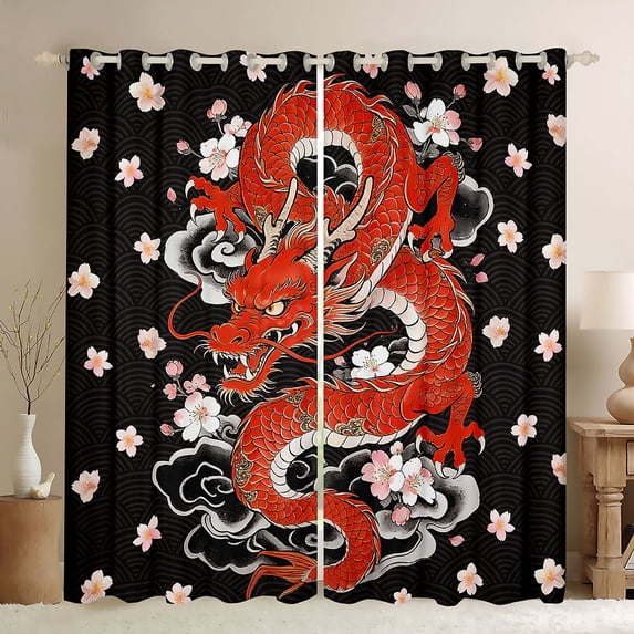 Feelyou Japanese Dragon Black Out Curtains for Men Boys, Blossoms Flower Animal Curtains Pack of 2 (42x63 Each), Black Red