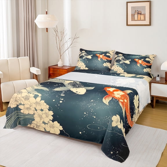 Feelyou Japanese Fish Child Bed Sheets, Tokyo Cherry Blossoms King Sheets, Cartoon Animal Sheet Set, Luxury Bedroom Decor, 4 Pieces