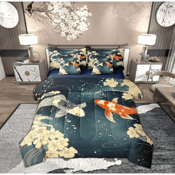 Feelyou Japanese Fish Child Bedding Comforter Set 7-Piece, Tokyo Cherry Blossoms King Bedding Sets, Cartoon Animal Reversible Bed Sheets, Luxury Bedroom Decor