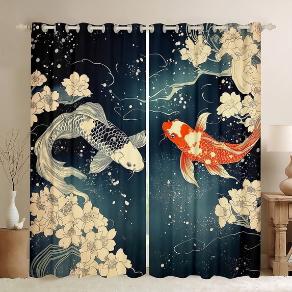 Feelyou Japanese Fish Child Blackout Curtains Set of 2 (52x84 Each), Tokyo Cherry Blossoms Window Curtains, Cartoon Animal Curtains and Drapes, Black Out Curtains Decor