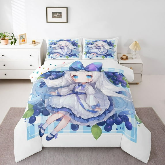 Feelyou Japanese Girl Queen Comforter Set, Kawaii Anime Blue Bedding Comforter Set, 3pcs