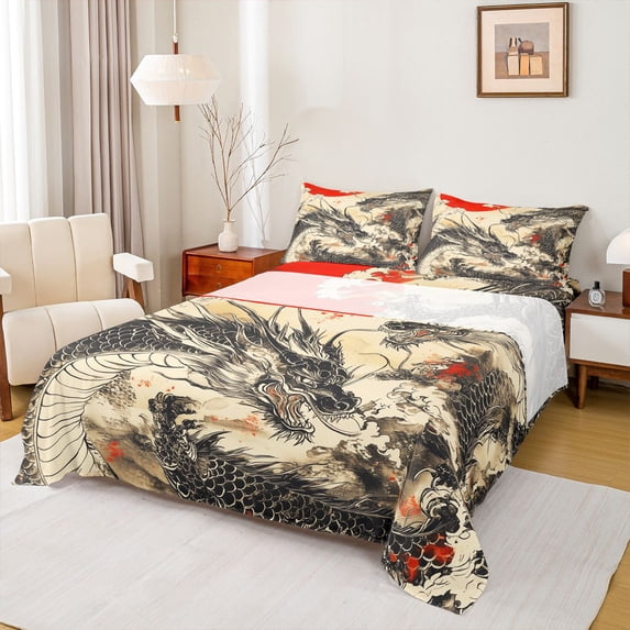 Feelyou Japanese Ink Wash Red Sun Dragon Queen Sheet Sets for Men Women, Traditional Cloud Wildlife Bed Set, 4-Piece