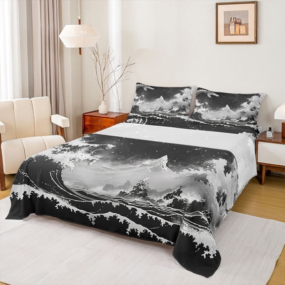 Feelyou Japanese Ocean Wave Bed Sheets, Starry Sky Black Grey King Sheets, 4pcs