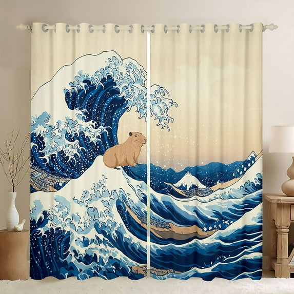 Feelyou Japanese Ocean Wave Curtains Pack of 2 (42x84 Each), Kawaii Capibara Animal Curtains Blackout, Tokyo Mount Fuji Bedroom Curtains, Window Curtains Decor