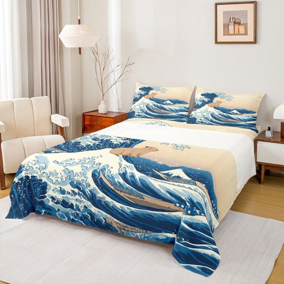 Feelyou Japanese Ocean Wave Twin Sheet Sets, Kawaii Capibara Animal Twin Fitted Sheet, Tokyo Mount Fuji Flat Sheet, Lightweight Room Decor, 3pcs