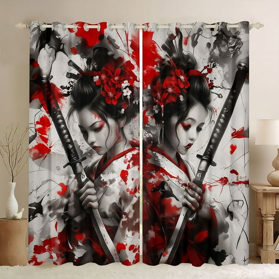 Feelyou Japanese Samurai Blackout Curtains Set of 2 (52x84 Each), Tokyo Anime Geisha Window Curtains, Teens Kids Boys Girls Curtains and Drapes, Window Curtains Bedroom Decor