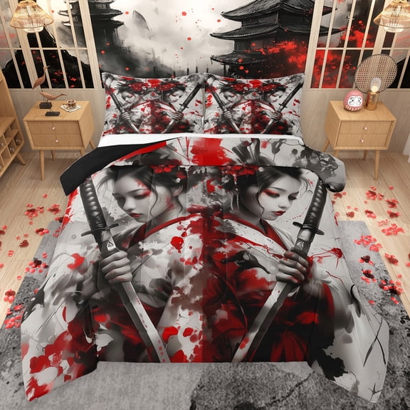 Feelyou Japanese Samurai Queen Comforter Set, Tokyo Anime Geisha Bedding Sets, Teens Kids Boys Girls Reversible Bedding Comforter Set, Microfiber Bedroom Decor, 3-Piece