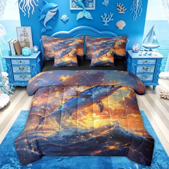 Feelyou Jumping Blue Pike Fish Twin Bedding Sets for Men Boys, Sky Splash Sea Fishing Wildlife Bedding Comforter Set, Blue Orange, Black Reversible, 7pcs
