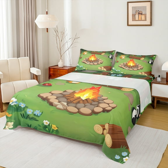 Feelyou Jungle Adventure Child Bed Sheets, Kawaii Cartoon Fox King Sheets, Mystic Camping Lover Sheet Set, Luxury Bedroom Decor, 4 Pieces