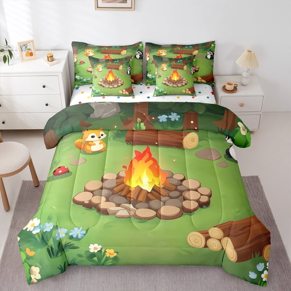 Feelyou Jungle Adventure Child Bedding Comforter Set 7 Pieces, Kawaii Cartoon Fox Full Bedding Set, Mystic Camping Lover Reversible Fitted Sheet Flat Sheet, Luxury Bedroom Decor