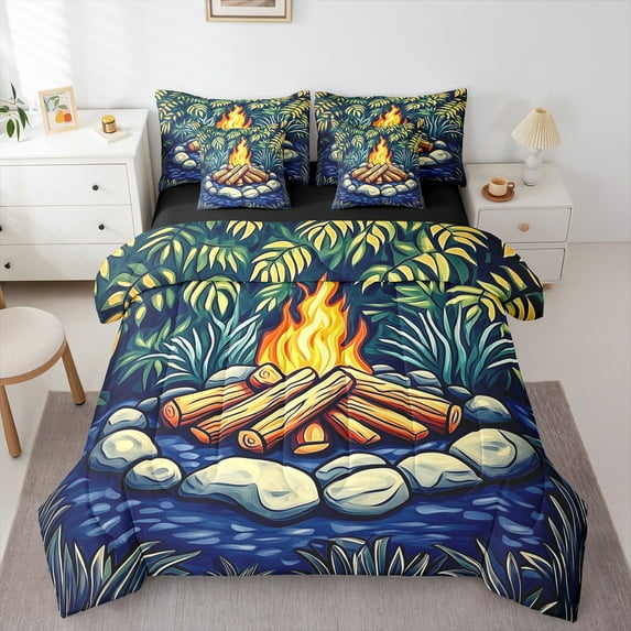 Feelyou Jungle Adventure Child Bedding Comforter Set 7 Pieces, Rustic Farmhouse Full Bedding Set, Mystic Camping Lover Reversible Fitted Sheet Flat Sheet, Microfiber Bedroom Decor