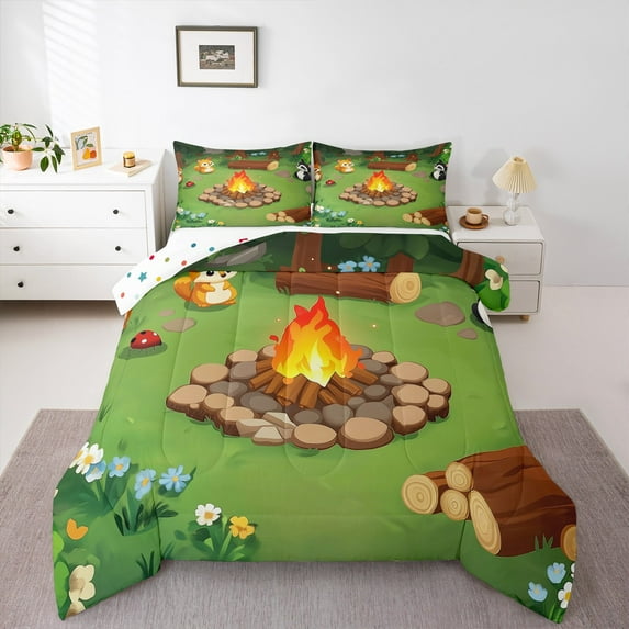 Feelyou Jungle Adventure Child Bedding Comforter Set, Kawaii Cartoon Fox Twin Comforter Sets, Mystic Camping Lover Reversible Bedding Set, Luxury Bedroom Decor, 2 Pieces