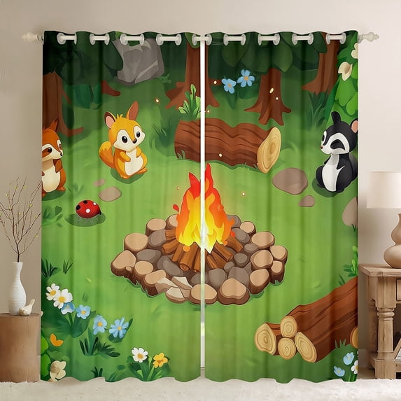 Feelyou Jungle Adventure Child Curtains Pack of 2 (42x84 Each), Kawaii Cartoon Fox Curtains Blackout, Mystic Camping Lover Bedroom Curtains, Black Out Curtains Decor