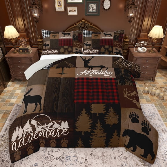 Feelyou Jungle Adventure Teens Bedding Comforter Set, Brown Fashion Patchwork Twin Comforter Sets, Bear Deer Moose Reversible Bedding Set, Lightweight Room Decor, 2 Pieces