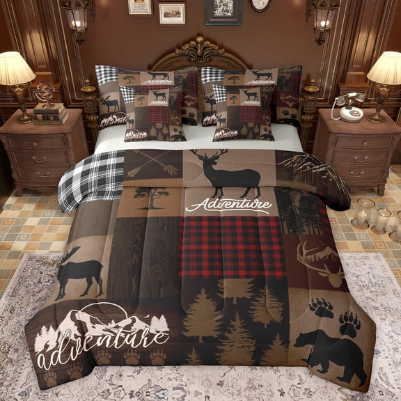 Feelyou Jungle Adventure Teens Twin Bedding Sets 7-Piece, Brown Fashion Patchwork Bedding Comforter Set, Bear Deer Moose Reversible Sheet Sets, Lightweight Room Decor