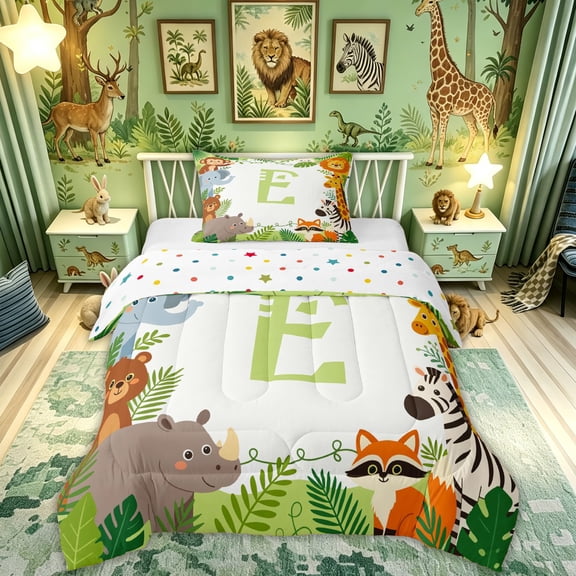 Feelyou Jungle Animal Alphabet E Twin Comforter Sets for Kids, Green Tripical Leaf Plant 02, Polkadot Reversible, 2pcs, 1 Comforter and 1 Pillowcase