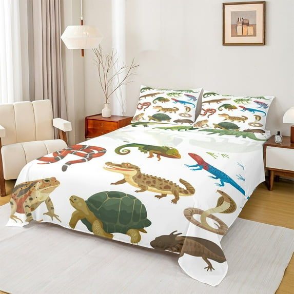 Feelyou Jungle Animal Queen Sheet Sets, Frog Turtle Flat Sheet, Cartoon Wildlife Theme Queen Fitted Sheet, Breathable Home Decor,4-Piece