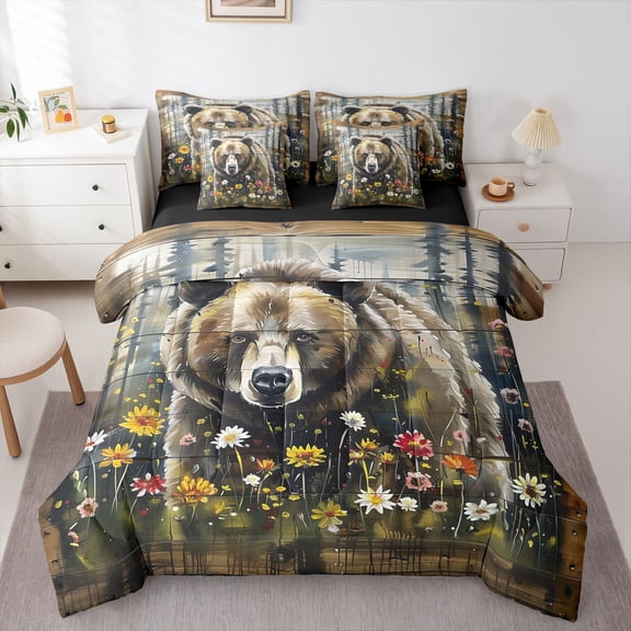 Feelyou Jungle Bear Animal Twin Bedding Sets 7pcs, Groovy Flower Bedding Comforter Set