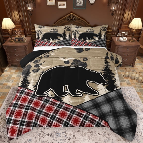 Feelyou Jungle Bear Boys Bedding Comforter Set, Rustic Western Plaid Twin Comforter Sets, Brown Farmhouse Theme Reversible Bedding Set, Lightweight Room Decor, 2 Pieces