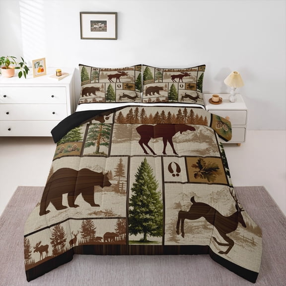Feelyou Jungle Bear Deer Bedding Comforter Set, Rustic Pine Tree Plant Twin Comforter Sets, Wildlife Animal Theme Reversible Bedding Set, Luxury Bedroom Decor, 2-Piece