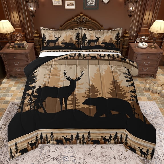 Feelyou Jungle Bear Deer Queen Comforter Set, Rustic Wooden Cabin Bedding Sets, Teens Kids Boys Girls Reversible Bedding Comforter Set, Microfiber Bedroom Decor, 3pcs