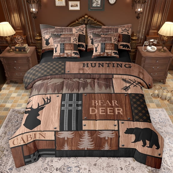 Feelyou Jungle Bear Deer Twin Bedding Sets 7-Piece, Rustic Wooden Plank Bedding Comforter Set, Brown Vintage Patchwork Reversible Sheet Sets, Ultra Soft Bedroom Decor