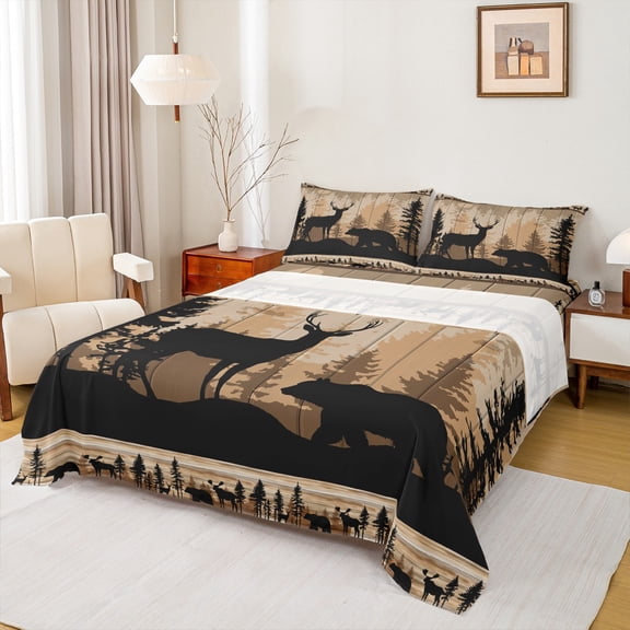 Feelyou Jungle Bear Deer Twin Sheet Sets, Rustic Wooden Cabin Twin Fitted Sheet, Teens Kids Boys Girls Flat Sheet, Microfiber Bedroom Decor, 3pcs