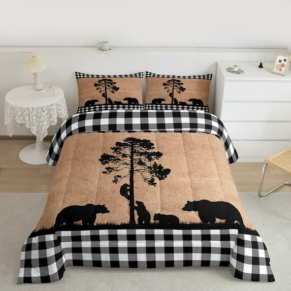 Feelyou Jungle Bear Full Size Comforter Sets for Men, Woodland Wildlife Bedding Comforter Set, Rustic Farmhouse Checkered Bedding Sets, Luxury Bedroom Decor, 3pcs