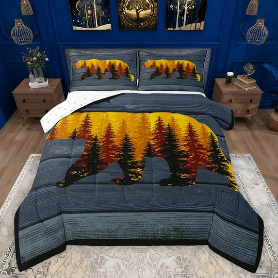 Feelyou Jungle Bear Print Bedding Comforter Set, Vintage Blue Cabin Twin Comforter Sets, Rustic Farmhouse Theme Reversible Bedding Set, Microfiber Bedroom Decor, 2pcs