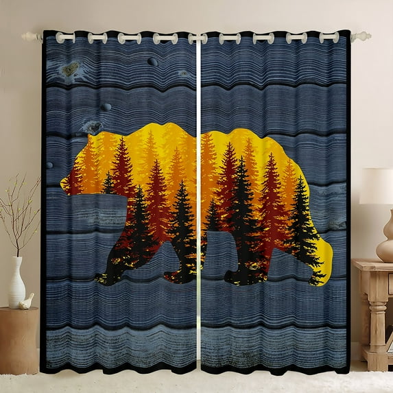 Feelyou Jungle Bear Print Black Out Curtains, Vintage Blue Cabin Curtains Pack of 2 (42x63 Each), Rustic Farmhouse Theme Bedroom Curtains, Window Curtains Bedroom Decor