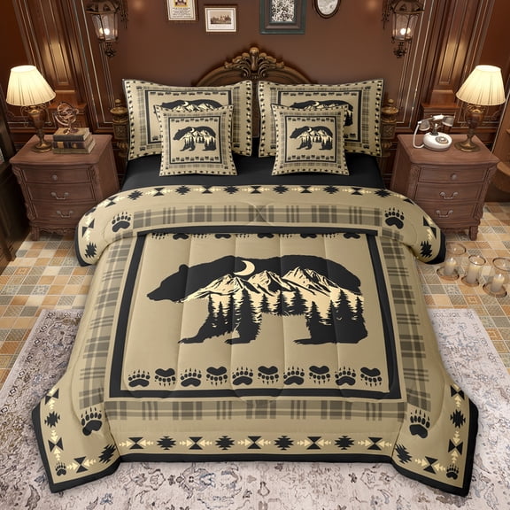 Feelyou Jungle Bear Print Twin Bedding Sets 7-Piece, Gold Triangle Aztec Bedding Comforter Set, Woodland Wildlife Animal Reversible Sheet Sets, Ultra Soft Bedroom Decor