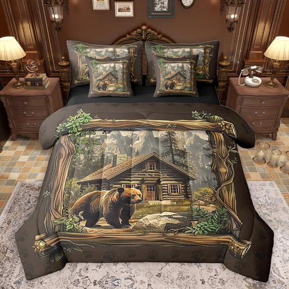 Feelyou Jungle Bear Print Twin Bedding Sets 7-Piece, Rustic Farmhouse Bedding Comforter Set, Vintage Western Cabin Reversible Sheet Sets, Breathable Home Decor