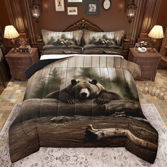 Feelyou Jungle Bear Wildlife Queen Comforter Set, Western Rustic Cabin Bedding Sets, Wooden Plank Reversible Bedding Comforter Set, Ultra Soft Bedroom Decor, 3pcs