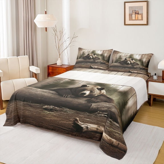 Feelyou Jungle Bear Wildlife Twin Sheet Sets, Western Rustic Cabin Twin Fitted Sheet, Wooden Plank Flat Sheet, Ultra Soft Bedroom Decor, 3pcs