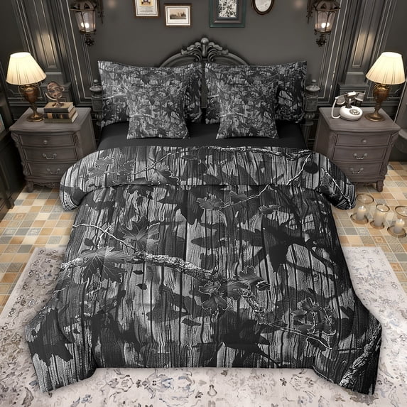 Feelyou Jungle Branches Bedding Comforter Set 7 Pieces, Grey Leaf Botanical Full Bedding Set, Rustic Farmhouse Cabin Reversible Fitted Sheet Flat Sheet, Luxury Bedroom Decor