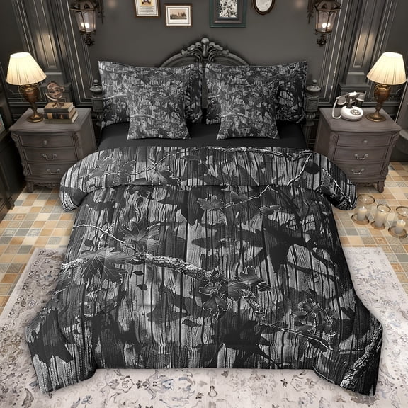 Feelyou Jungle Branches Bedding Comforter Set 7pcs, Grey Leaf Botanical King Bedding Sets, Rustic Farmhouse Cabin Reversible Bed Sheets, Luxury Bedroom Decor