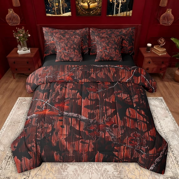 Feelyou Jungle Branches Teens Twin Bedding Sets 7-Piece, Rustic Leaf Botanical Bedding Comforter Set, Red Farmhouse Cabin Reversible Sheet Sets, Ultra Soft Bedroom Decor