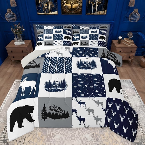 Feelyou Jungle Camping Adventure Bedding Comforter Set, Wildlife Moose Bear Twin Comforter Sets, Rustic Hunting Theme Reversible Bedding Set, Ultra Soft Bedroom Decor, 2 Pieces