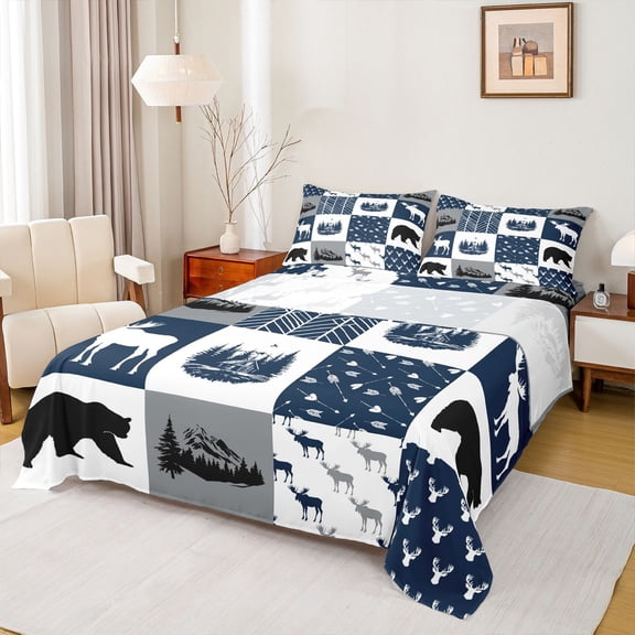 Feelyou Jungle Camping Adventure Twin Sheet Sets, Wildlife Moose Bear Twin Fitted Sheet, Rustic Hunting Theme Flat Sheet, Ultra Soft Bedroom Decor, 3 Pieces