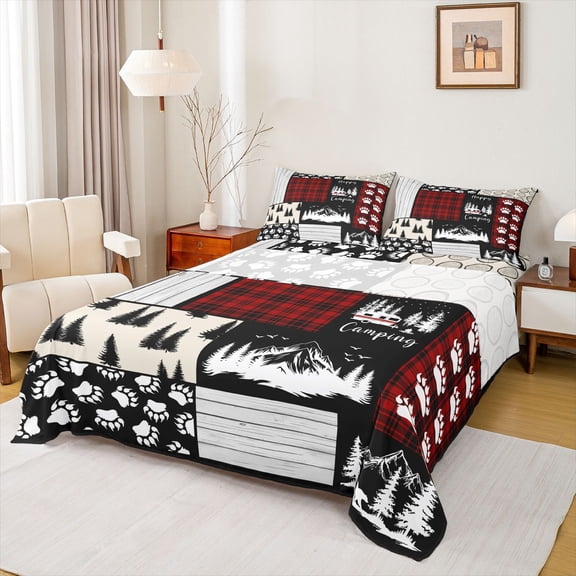 Feelyou Jungle Camping Explorer Queen Sheet Sets, Red Patchwork Bed Set, 4 Pieces