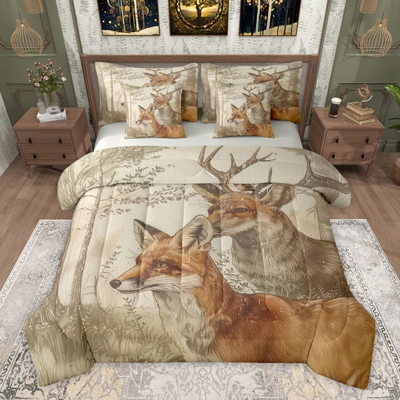 Feelyou Jungle Cartoon Fox Bedding Comforter Set 7pcs for Teen, Rustic Deer Moose King Bedding Sets, Woodland Wildlife Reversible Bed Sheets, Lightweight Room Decor