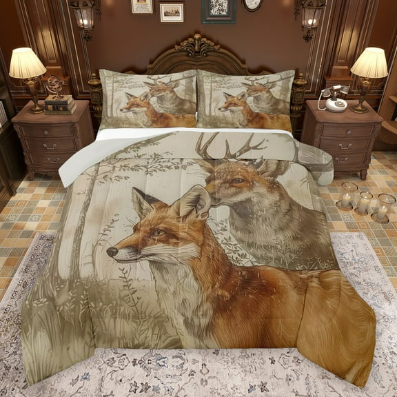 Feelyou Jungle Cartoon Fox Queen Comforter Set for Teen, Rustic Deer Moose Bedding Sets, Woodland Wildlife Reversible Bedding Comforter Set, Lightweight Room Decor, 3-Piece